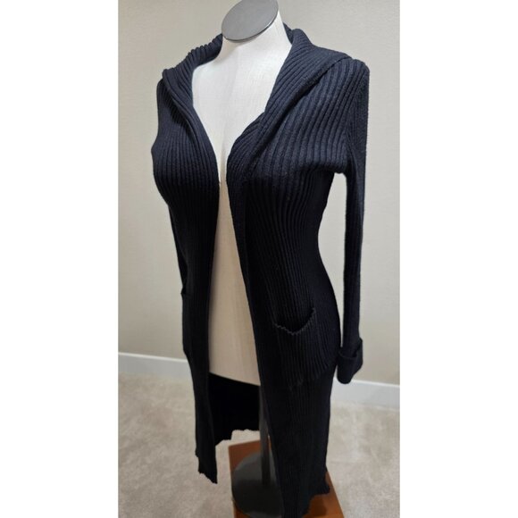 Ribbed Longline Open Cardigan Sweater With Pockets For Women Black - Picture 2 of 12
